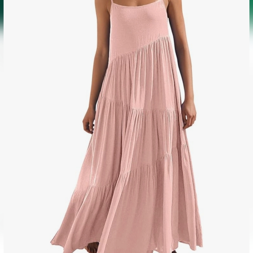Grace Karin Blush Pink Tiered Maxi Dress Spaghetti Straps Boho Flowy L